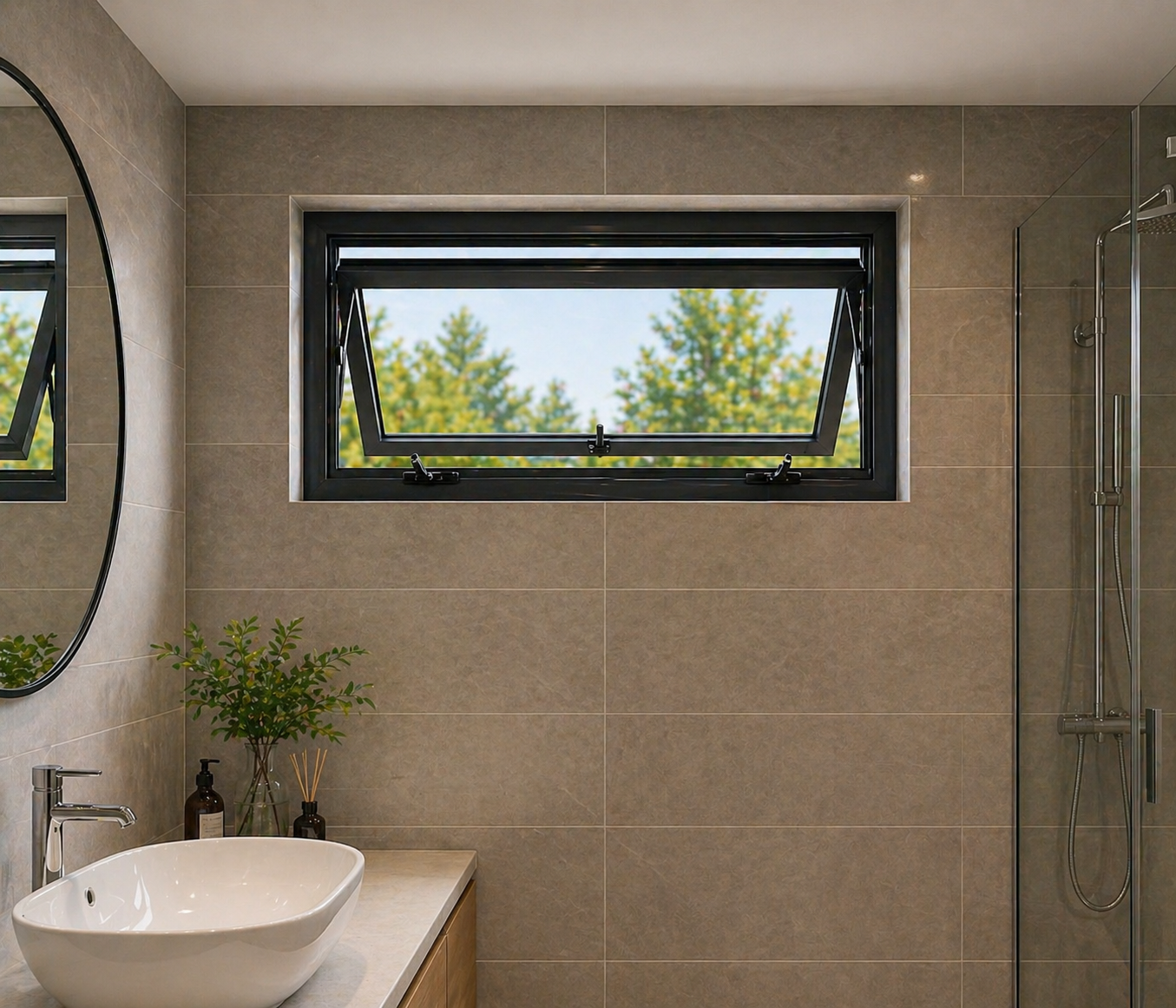 Aluminium awning windows bottom-hinged for rain protection and ventilation, widely used in commercial buildings and modern residences in Tamil Nadu